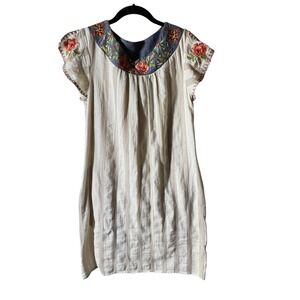 L love Dress Med Embroidered Shift Split Sleeves Beige Stripe Denim Pockets Boho